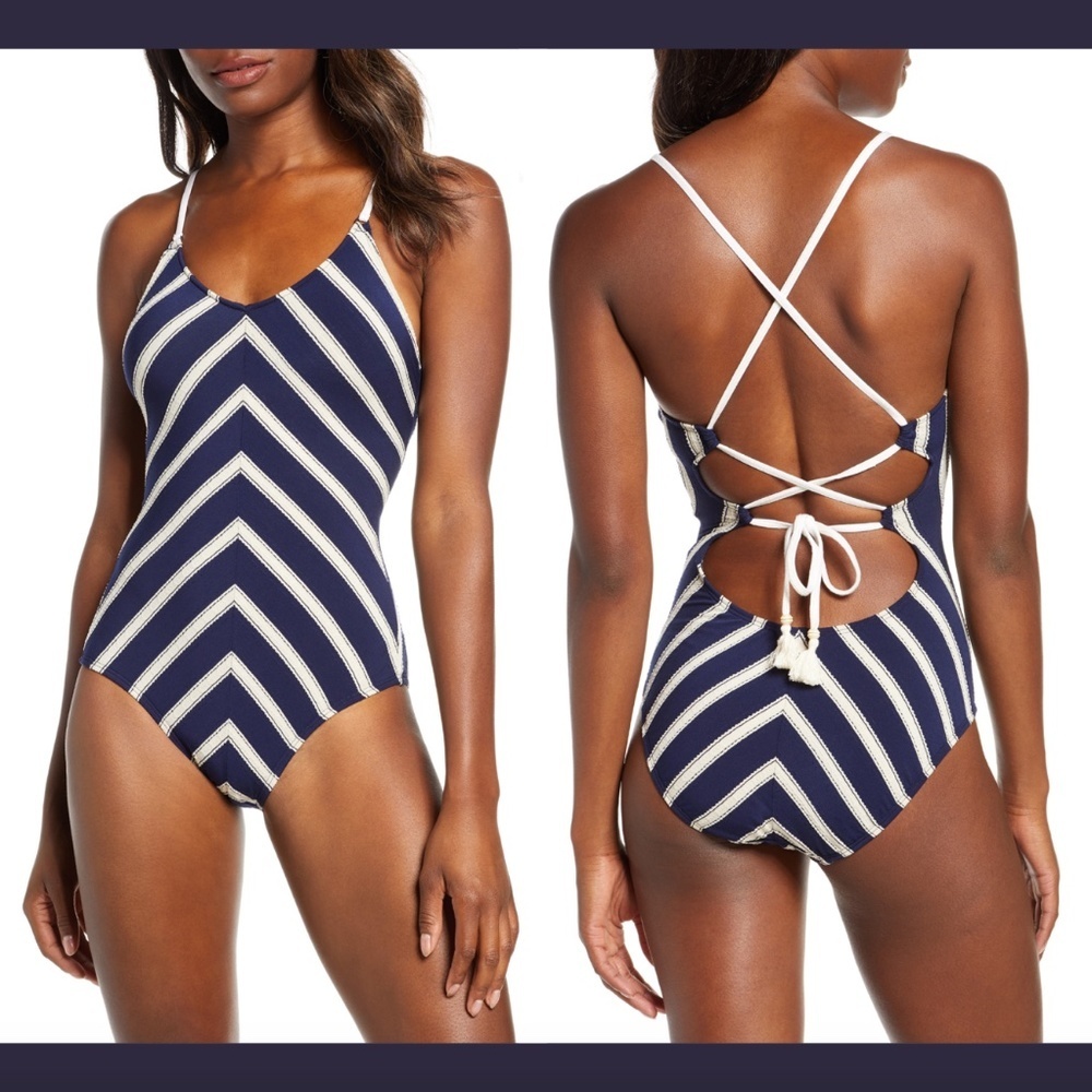 NWT $168 Robin Piccone Abi Striped‎ Strappy Back One Piece Swimsuit [ SZ 2 ]